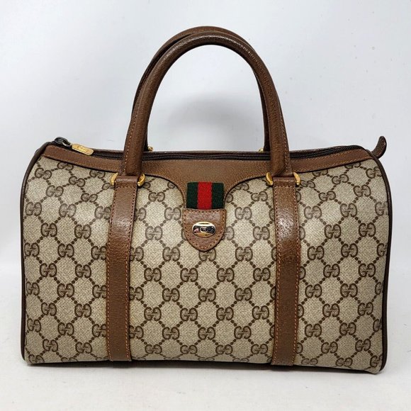 Gucci Ophidia Web Stripe Brown GG Supreme Canvas Leather Boston Tote Bag Vintage